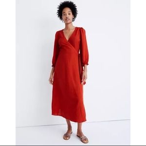 Madewell Linen Ruffle-Cuff Wrap Dress Red Sm